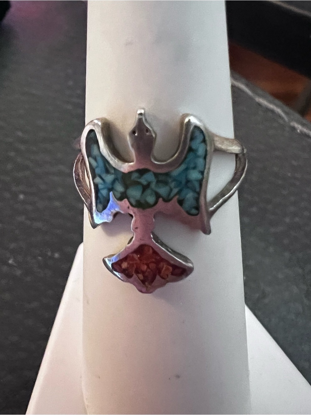 Sterling Silver Inlay Bird Ring with Turquoise and Coral Colors